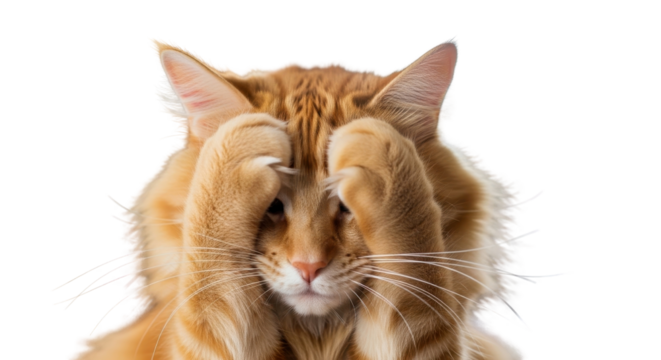 Red Maine Coon cat covering its eyes with paws isolated PNG with Transparent Background