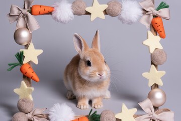 Cute rabbit framed by decorative elements including carrots and stars, showcasing a playful atmosphere perfect for spring celebrations and festive occasions
