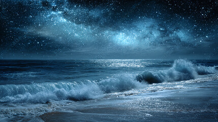 Obraz premium A stunning nightscape of a starry sky over a serene ocean with waves breaking on the shore