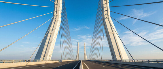 Obraz premium Low angle perspective of a massive modern cable-stayed bridge with concrete pylons and steel cables stretching toward the horizon under a sunny blue sky.