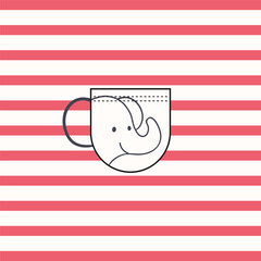 cute elephant face inside coffee cup illustration on red striped background for t-shirt design