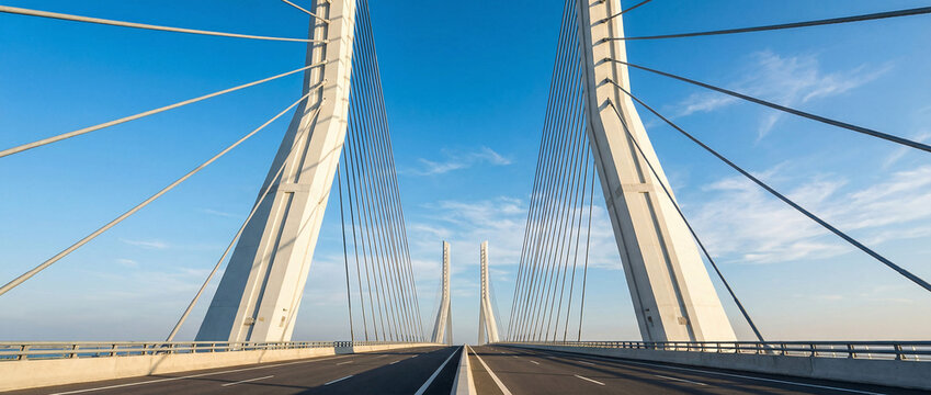 Low angle perspective of a massive modern cable-stayed bridge with concrete pylons and steel cables stretching toward the horizon under a sunny blue sky.