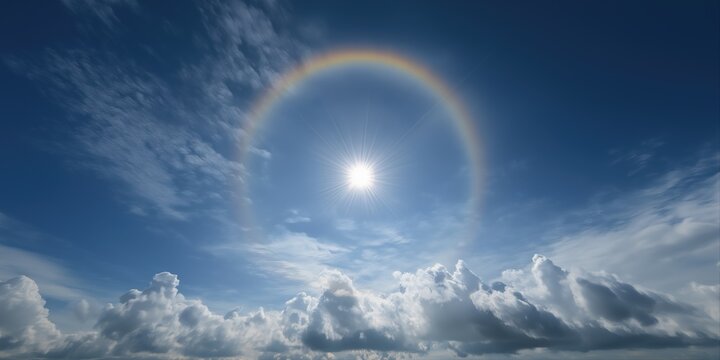 Majestic sun halo with radiant clouds against vibrant blue sky