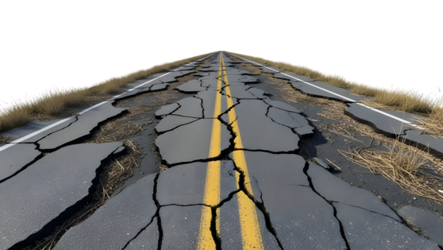 Cracked asphalt road with double yellow lines and dry grass on the sides isolated on a transparent background