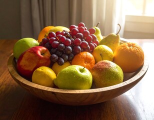 Vibrant Wooden Bowl Filled with Assorted Fresh Fruits on a Wooden Tabletop