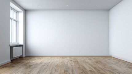 Fototapeta premium Unfurnished interior space features clean white walls and a light wood floor beside a window