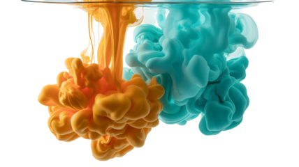 Abstract Swirl of Orange and Blue Paint Ink Drops in Water on Transparent Background Dynamic Liquid Cloud Colorful Art Creativity Acrylic Underwater Experimentation
