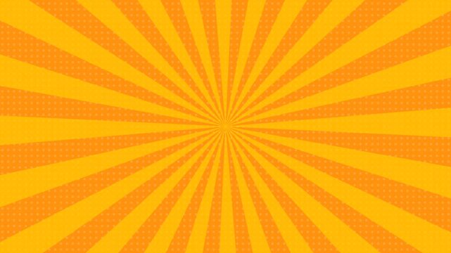 Abstract animation of rotating yellow ray spiral lines on orange halftone dotted background