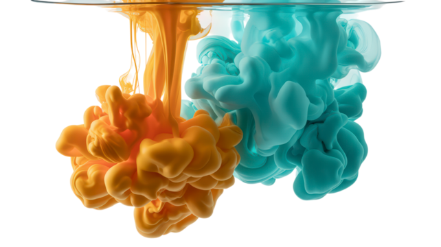 Abstract Swirl of Orange and Blue Paint Ink Drops in Water on Transparent Background Dynamic Liquid Cloud Colorful Art Creativity Acrylic Underwater Experimentation