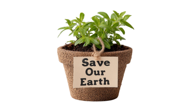 PNG of A small potted plant with a 'Save Our Earth' sign, symbolizing environmental awareness and sustainability.