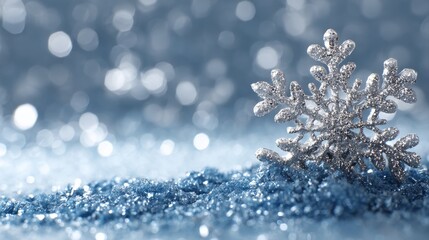A sparkling snowflake rests on shimmering blue glitter, creating a magical winter scene filled with soft bokeh lights, Christmas background with doodles