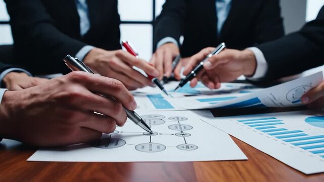 Closeup of business people in suits collaborating over financial report charts and flowchart diagram during a meeting