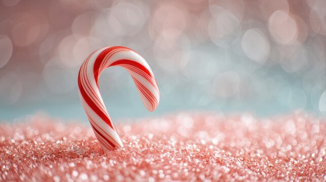 A festive candy cane stands upright on shimmering pink glitter, creating a cheerful holiday atmosphere, Christmas background with doodles