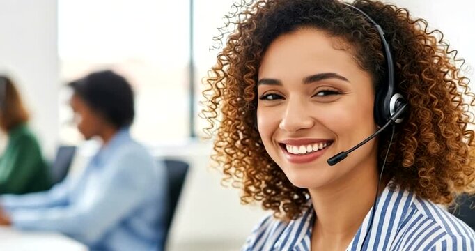Friendly customer support agent smiles wearing headset at work