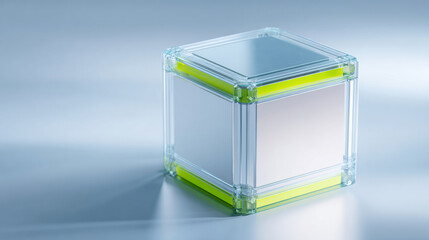 Transparent cube with neon yellow accents on a reflective surface with soft blue background and subtle shadows