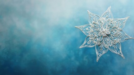 A delicate snowflake design in white contrasts against a soft blue background, evoking a serene, wintery atmosphere, Christmas background with doodles