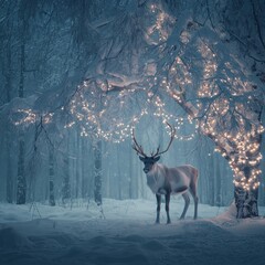 Naklejka premium Reindeer standing in snowy forest with magical Christmas lights. Reindeer standing in deep snow, illuminated by magical Christmas lights in a winter forest