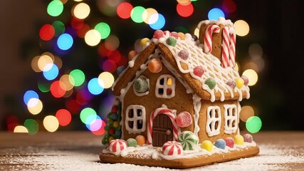 Festive gingerbread house with candy canes and colorful lights creating a warm holiday feeling, ideal for family baking videos or seasonal greetings - Powered by Adobe