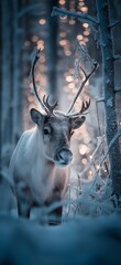 Naklejka premium Reindeer standing in snowy forest with magical Christmas lights. Reindeer standing in deep snow, illuminated by magical Christmas lights in a winter forest