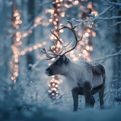 Naklejka premium Reindeer standing in snowy forest with magical Christmas lights. Reindeer standing in deep snow, illuminated by magical Christmas lights in a winter forest