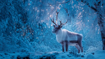 Naklejka premium Reindeer standing in snowy forest with magical Christmas lights. Reindeer standing in deep snow, illuminated by magical Christmas lights in a winter forest