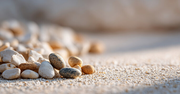 Close-up of smooth pebbles and small stones on sandy beach surface with shallow depth of field and soft natural lighting
