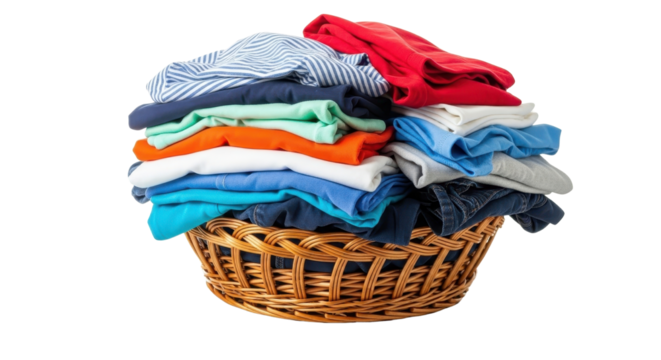Stack of folded clothes in a wicker basket isolated PNG with Transparent Background