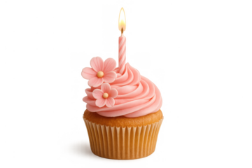 Cupcake with pink frosting decorated with sugar flowers and a lit birthday candle, celebrating a special occasion, transparent background