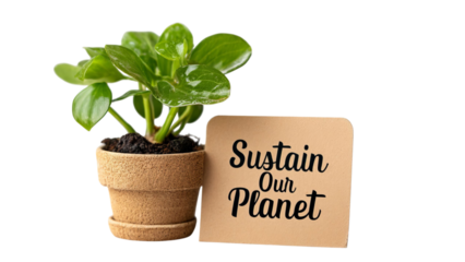 PNG of A vibrant green plant in a natural pot alongside a tag reading 'Sustain Our Planet', symbolizing eco-friendliness.