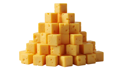 A perfectly arranged pyramid stack of delicious golden yellow cheese cubes, ideal for appetizers, snacks, or culinary applications, isolated on transparent background