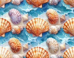Watercolor Seashells Pattern: A coastal collection of marine life on light blue waves
