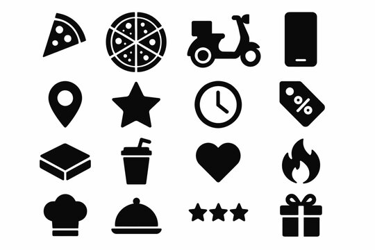 Set of black food and delivery icons including pizza, scooter, and gift box