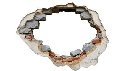 Cracked plaster wall revealing rough grey stone and red brick layers isolated on a transparent background