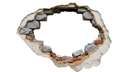 Cracked plaster wall revealing rough grey stone and red brick layers isolated on a transparent background