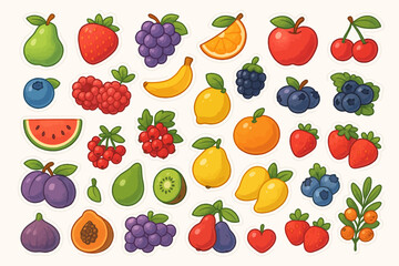 Colorful assortment of various cartoon fruits on light background