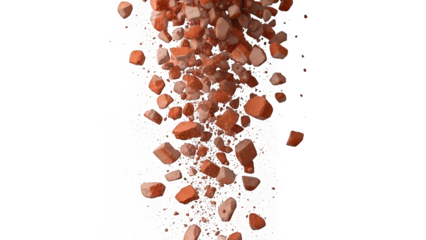 Dynamic cascade of crumbling brown and orange textured fragments falling downwards in a burst, symbolizing disintegration or impact, isolated on transparent background