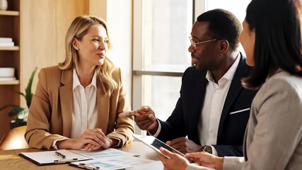 Three diverse business professionals in an office setting collaborating and looking at data on a tablet device during a meeting - Powered by Adobe
