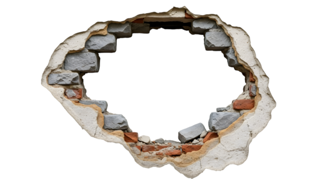 Cracked plaster wall revealing rough grey stone and red brick layers isolated on a transparent background