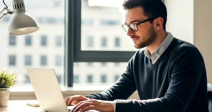 Focused young man working on laptop at modern office desk setup