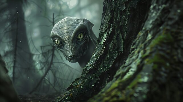 Extraterrestrial creature peeks from behind a mossy tree trunk in a dark, misty forest setting