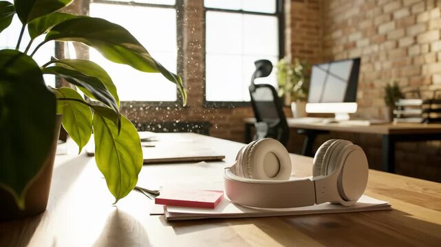 Close up of white headphone resting on desk next to houseplant in sunlit modern office with brick wall background
