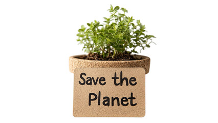 PNG of A small green plant in a cork pot with a sign saying 'Save the Planet,' symbolizing eco-friendliness and sustainability.