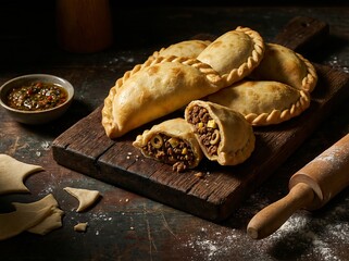Homemade baked beef empanadas on a rustic wooden board.