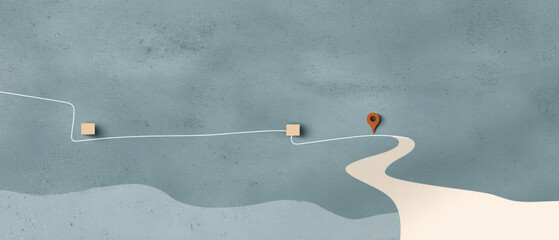 Abstract concept of location tracking with cubes aligned on a path and a location pin marker in a minimalistic environment