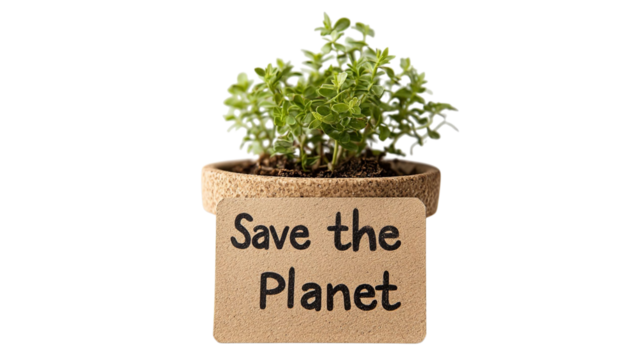 PNG of A small green plant in a cork pot with a sign saying 'Save the Planet,' symbolizing eco-friendliness and sustainability.