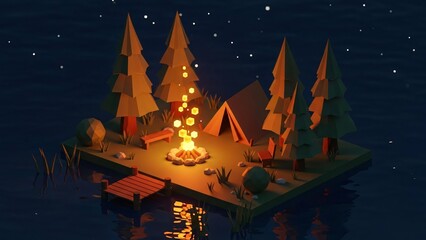Low poly illustration of a cozy night camping scene with a glowing campfire, tent, and pine trees on a small island under a starry sky.