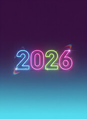 Neon 2026 sign. Neon 2026 number on gradient background with colorful glow  