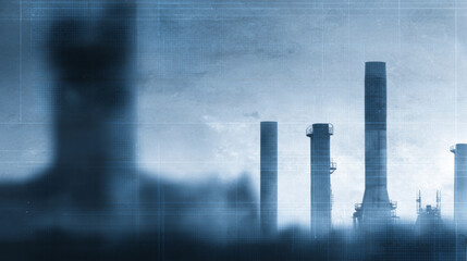 Industrial factory chimneys and smokestacks silhouette with blue digital overlay and blurred foreground creating futuristic atmosphere