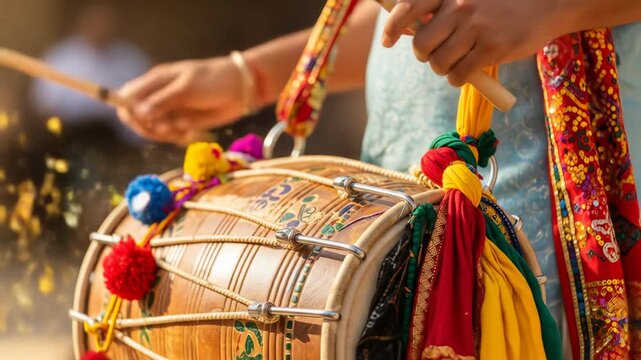 Festive Lohri Celebration Close-up of Dhol Drumming with Vibrant and Pom-poms Enhancing the Cultural Significance
