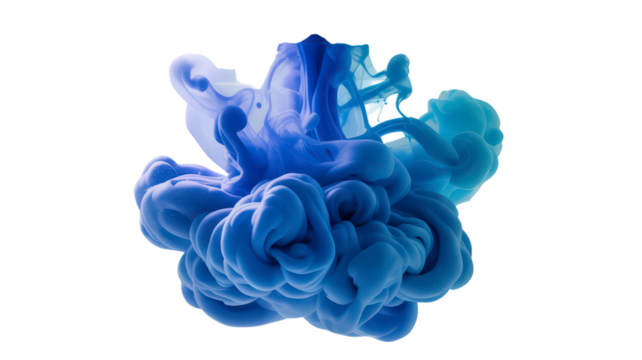 Artistic Blue Ink Cloud on Transparent Background Fluid Abstract Design Acrylic Underwater Smoke Effect Swirl Drop Motion Creative Dynamic Fantasy Paint